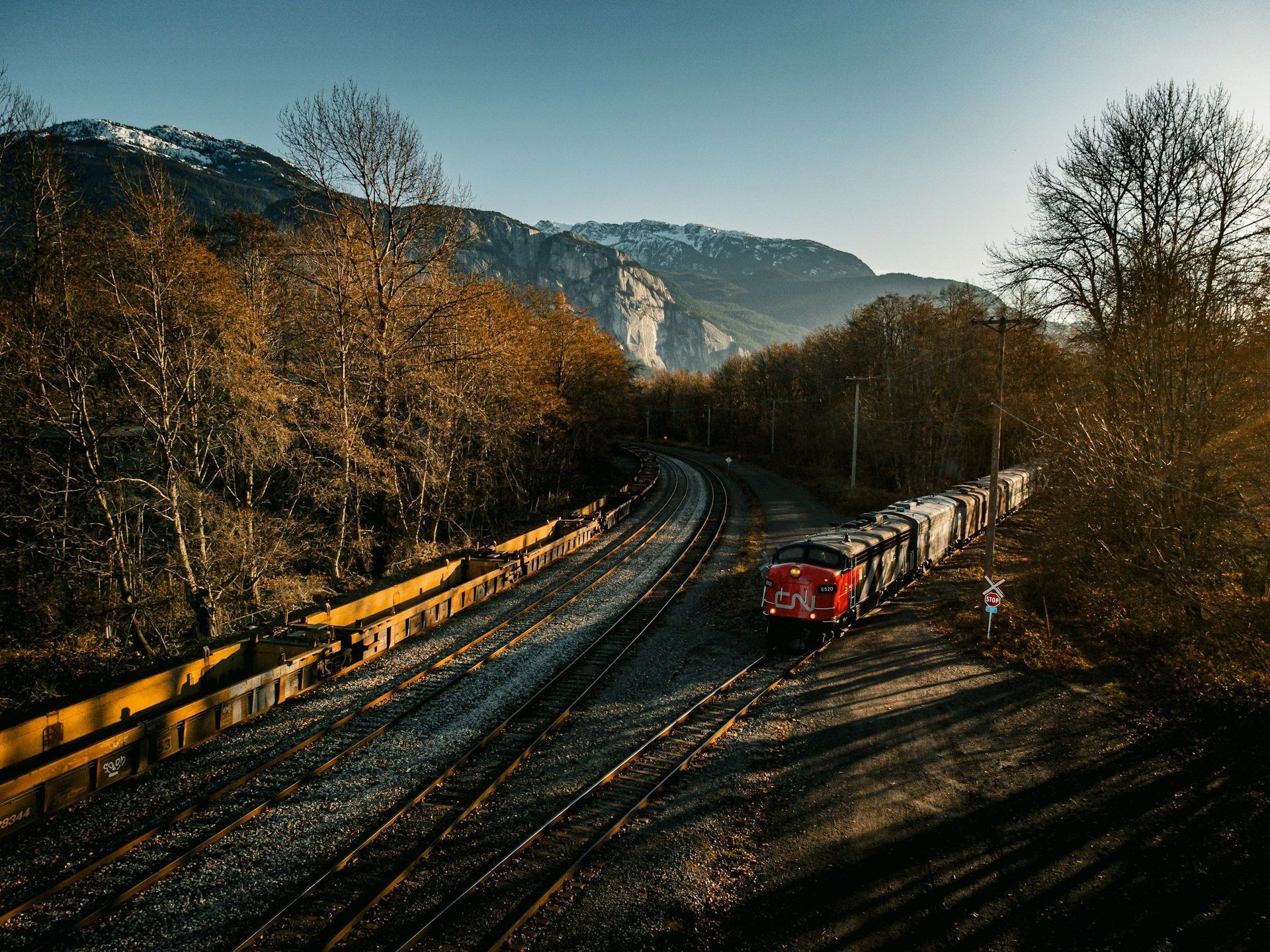 Red train on tracks winding through a forest, mountains in the background under a blue sky.