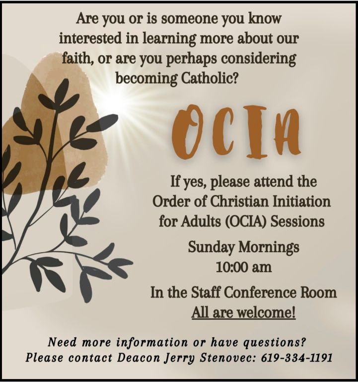 Order of Christian Initiation for Adults (OCIA) Sessions, Sunday Mornings at 10:00 AM