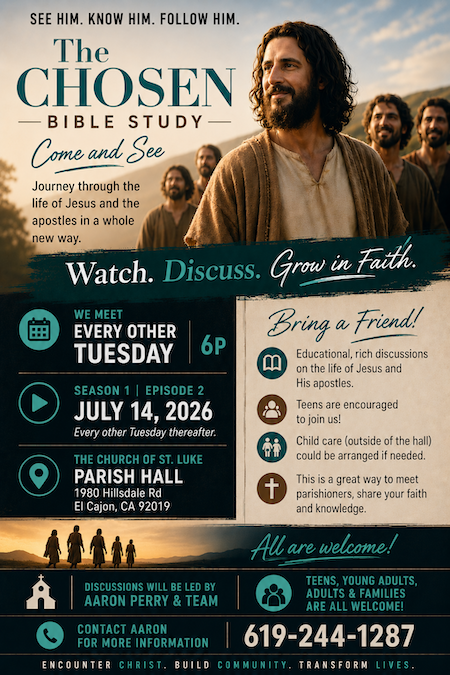 The Chosen Bible Study, every other Tuesday, 6p