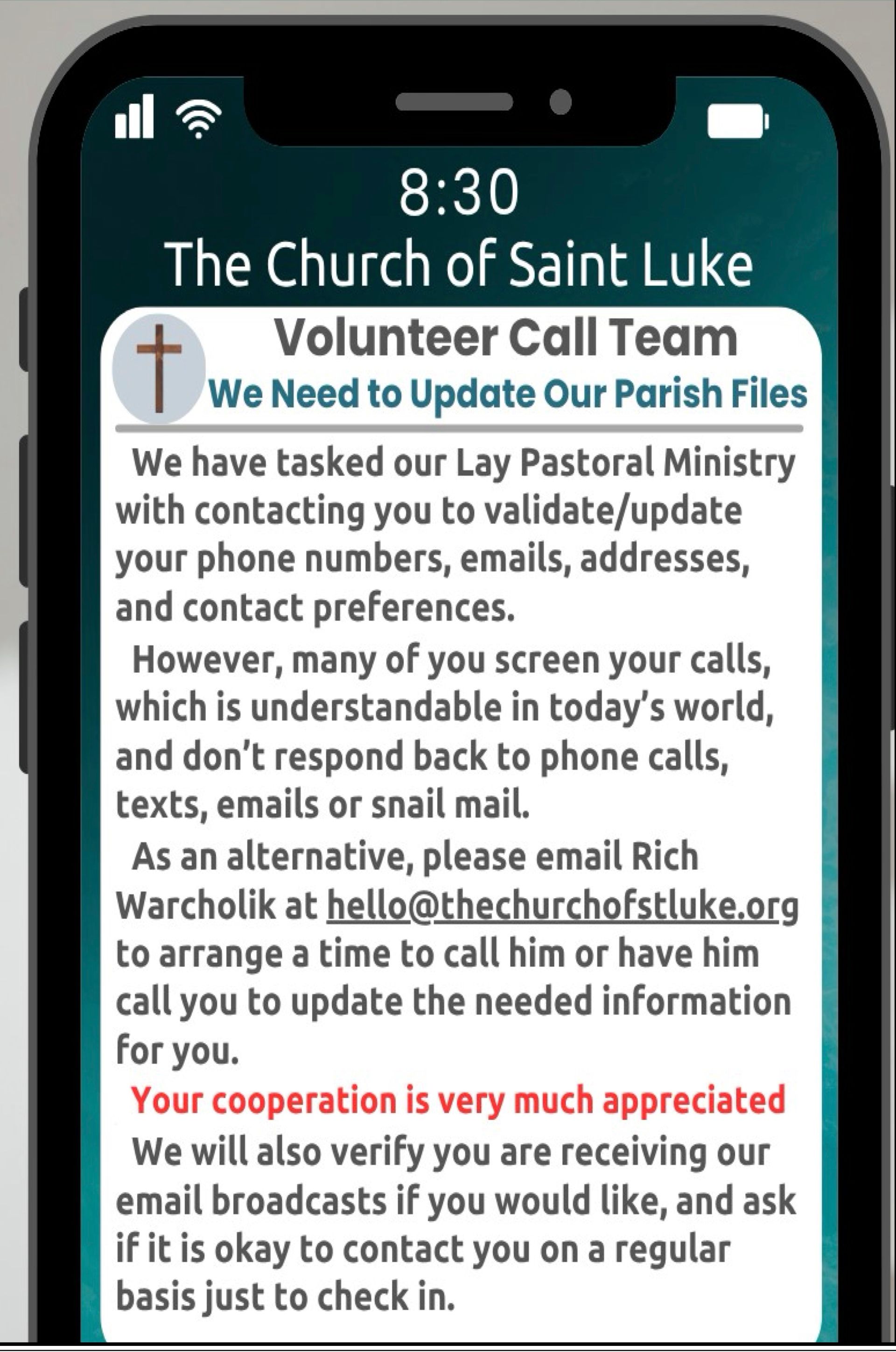 Volunteer Call Team to update our Parish Files.