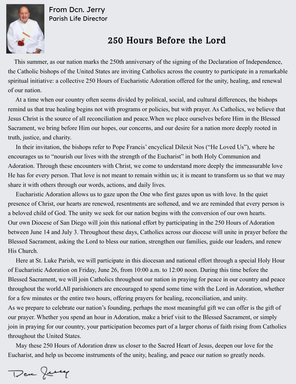 Click for larger view. Message from Deacon Jerry, Parish Life Director