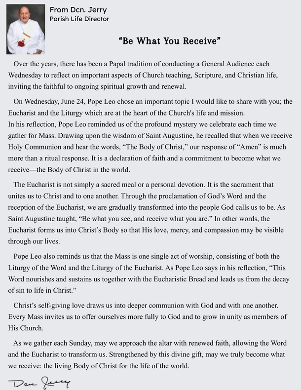 Message from Deacon Jerry, Parish Life Director
