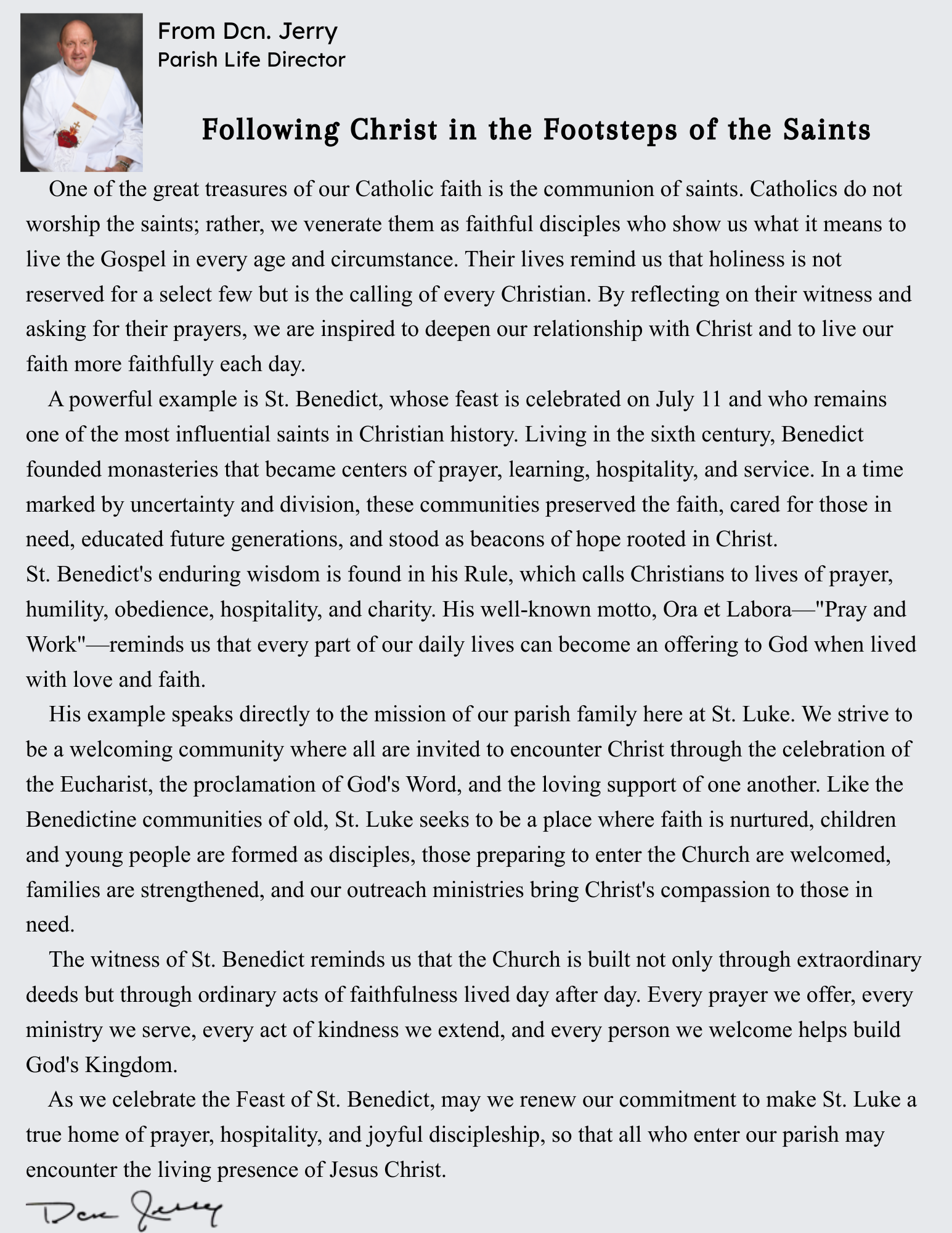 Message from Deacon Jerry, Parish Life Director
