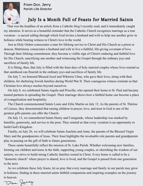 Click for larger view. Message from Deacon Jerry, Parish Life Director