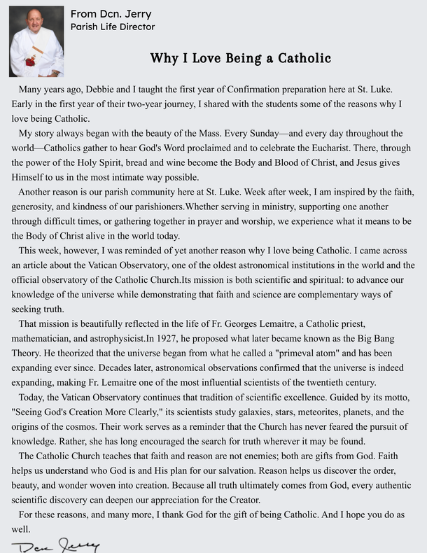 Click for larger view. Message from Deacon Jerry, Parish Life Director