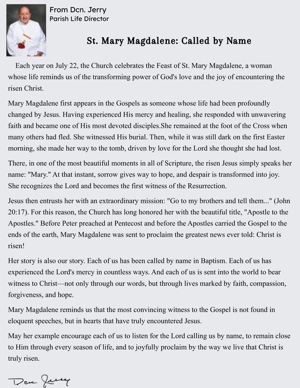 Click for larger view. Message from Deacon Jerry, Parish Life Director