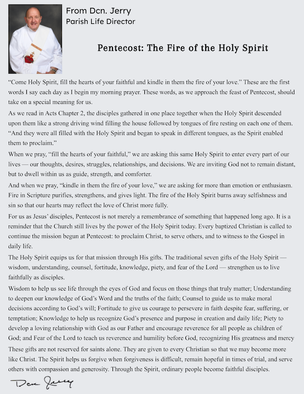 Click for larger view. Message from Deacon Jerry, Parish Life Director