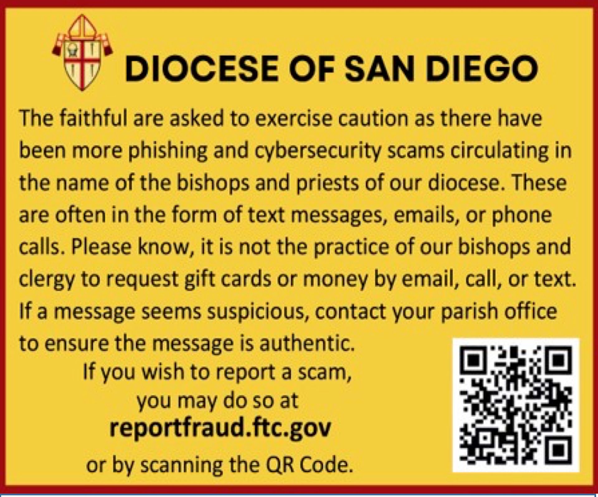 Diocese of San Diego asks to exercise caution as there have been more phishing and cybersecurity scams.