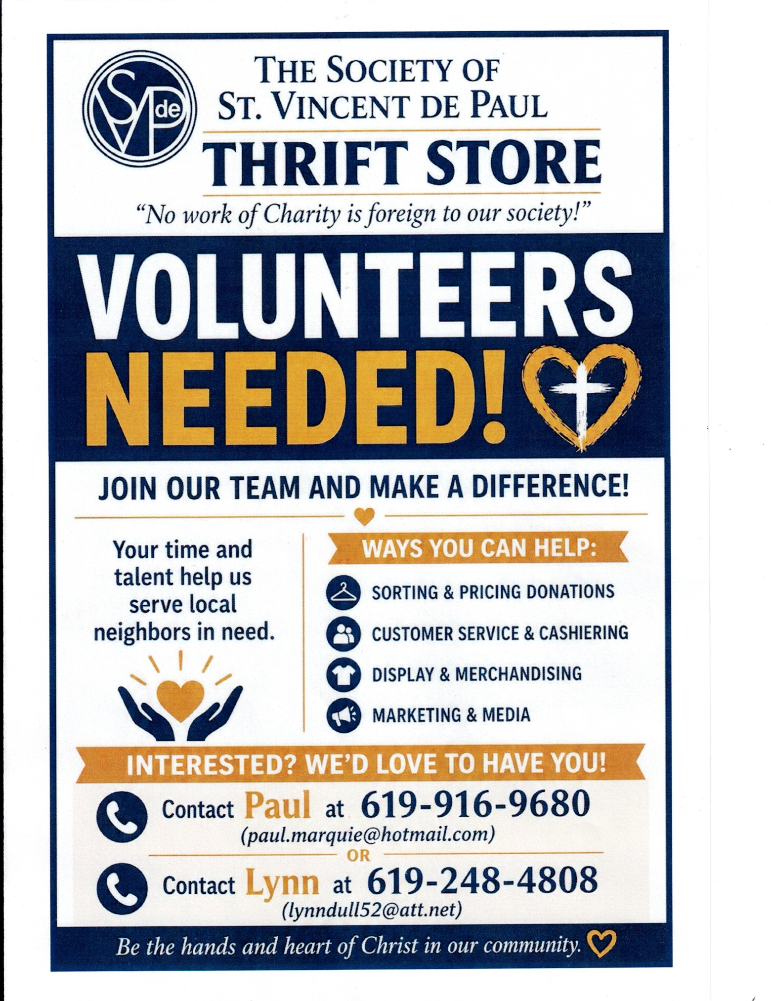 St. Vinccent de Paul Thrift Store looking for Volunteers.