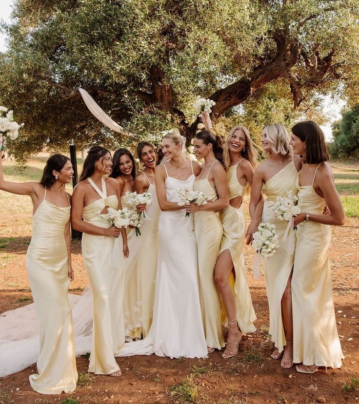 Una sposa e le sue damigelle posano per una foto.