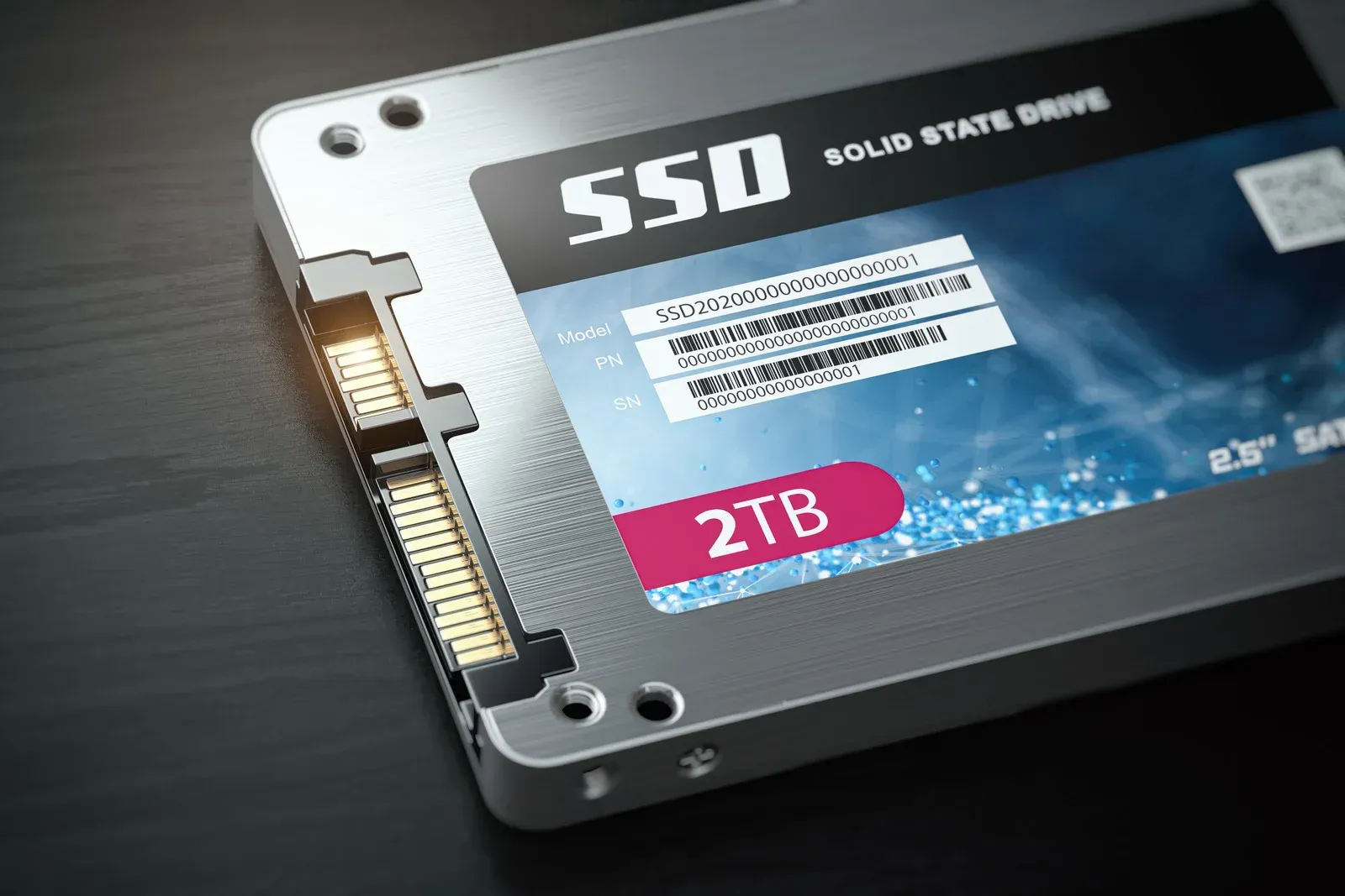 A 2tb ssd is sitting on a wooden table.