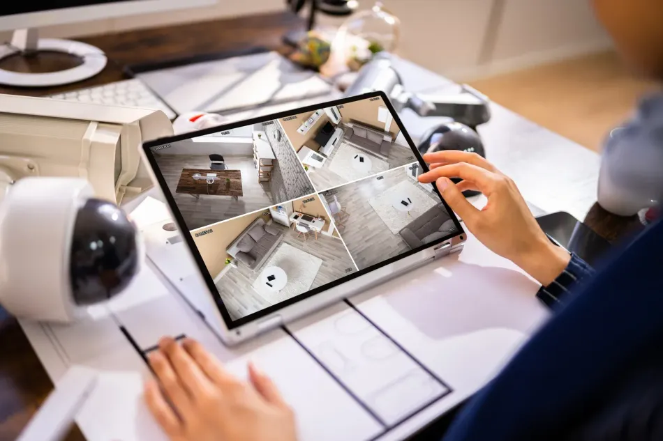 A person is looking at a security camera on a tablet.
