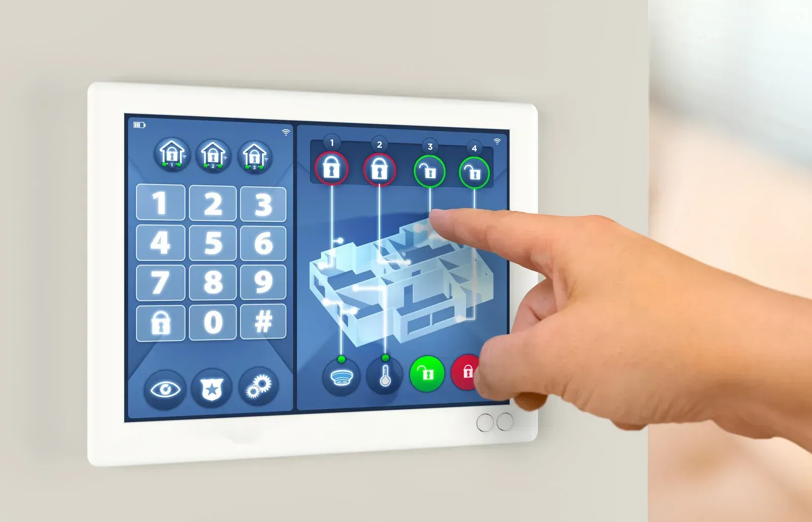 A woman is standing in a hallway holding a tablet.