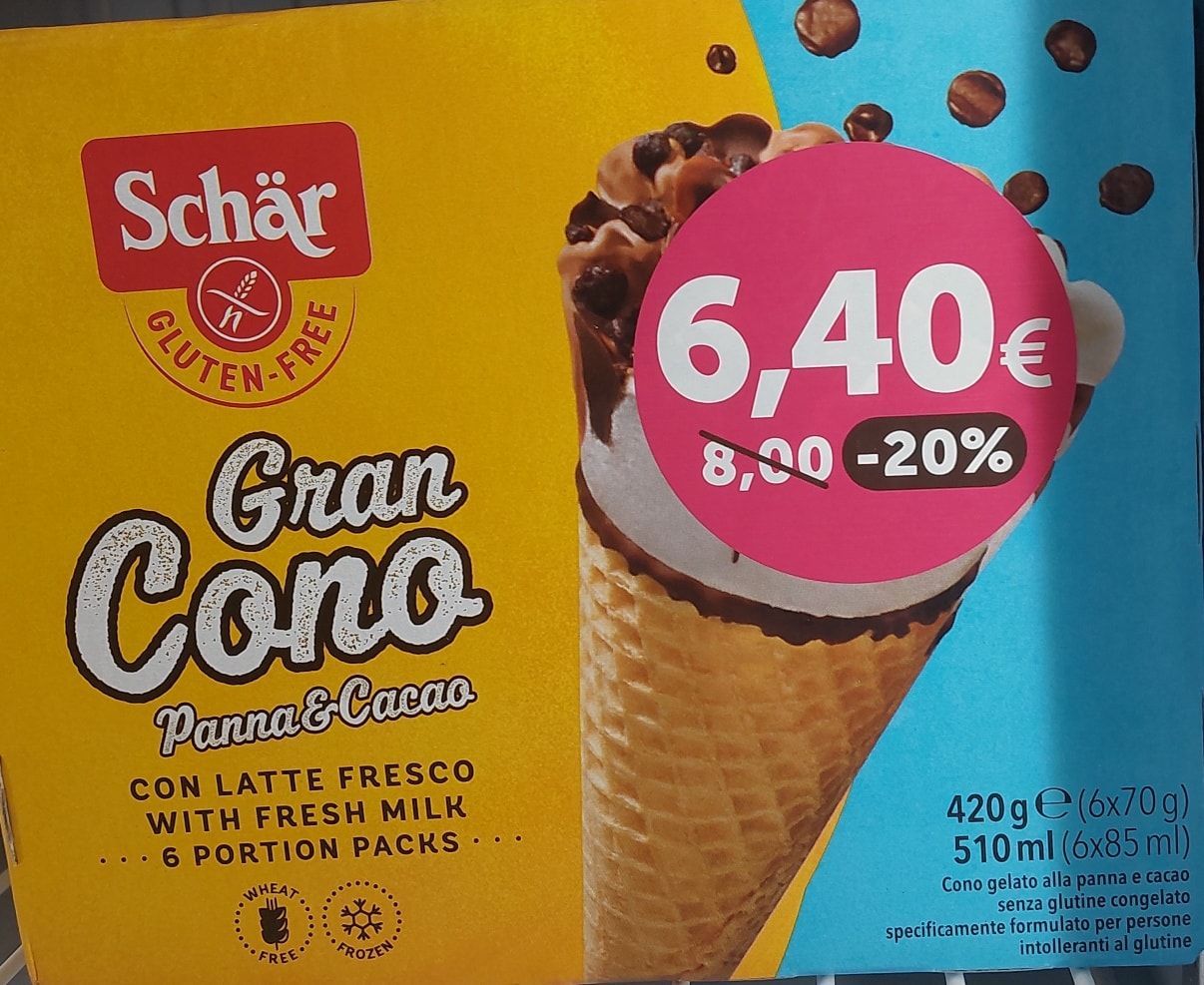 Scatola di coni gelato Schär Gran Cono, senza glutine, con adesivo promozionale a 6,40 €, originariamente 8,00 €.
