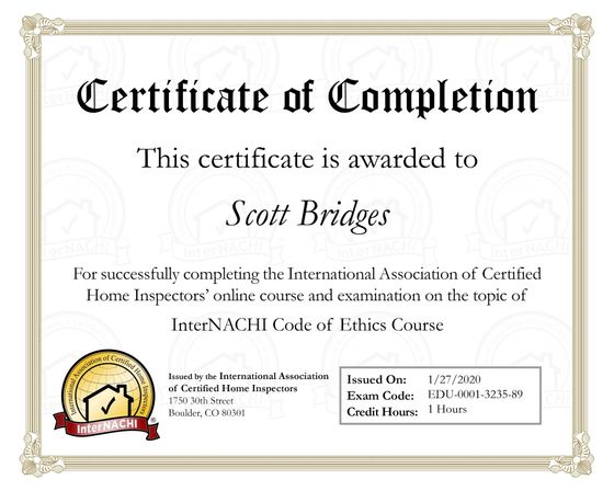 code of ethics home inspector certificate Maine