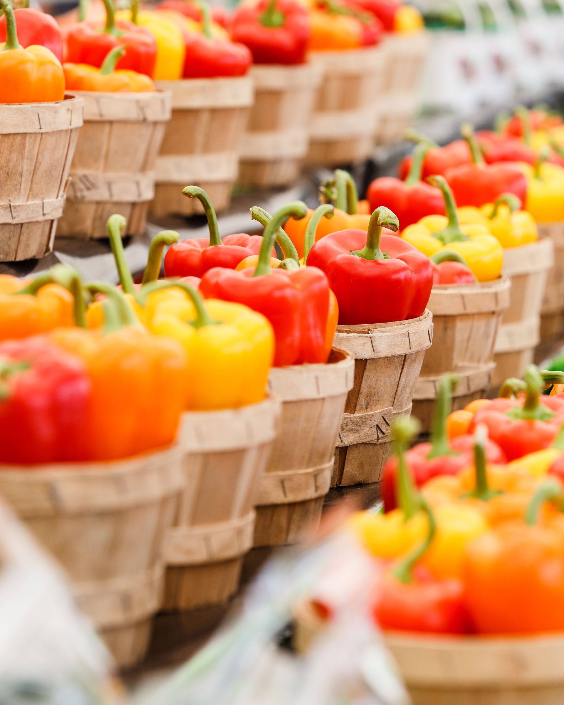 A row of wooden baskets filled with different colored peppers