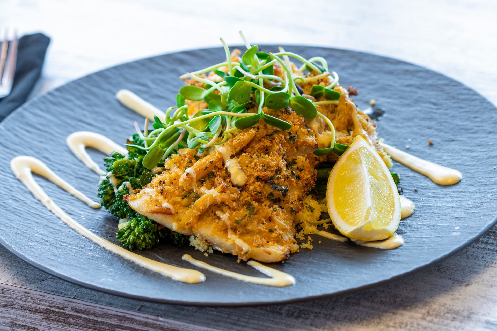 A close up of a plate of food on a table.
