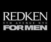 The logo for redken for men is on a black background.