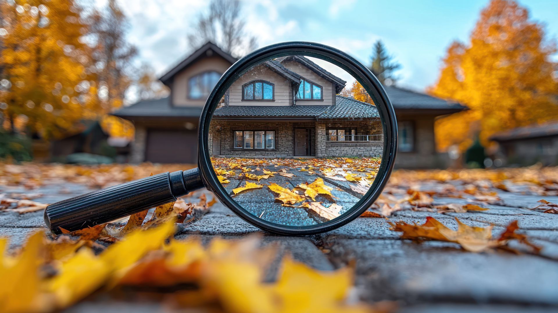 Magnifying glass over a house. Fall leaves on a wooden surface.
