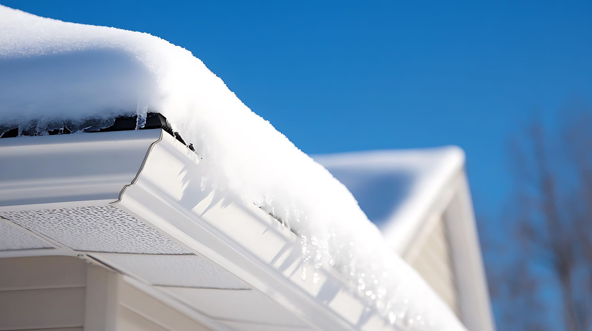 Snow-covered roof and gutter against a bright blue sky.
