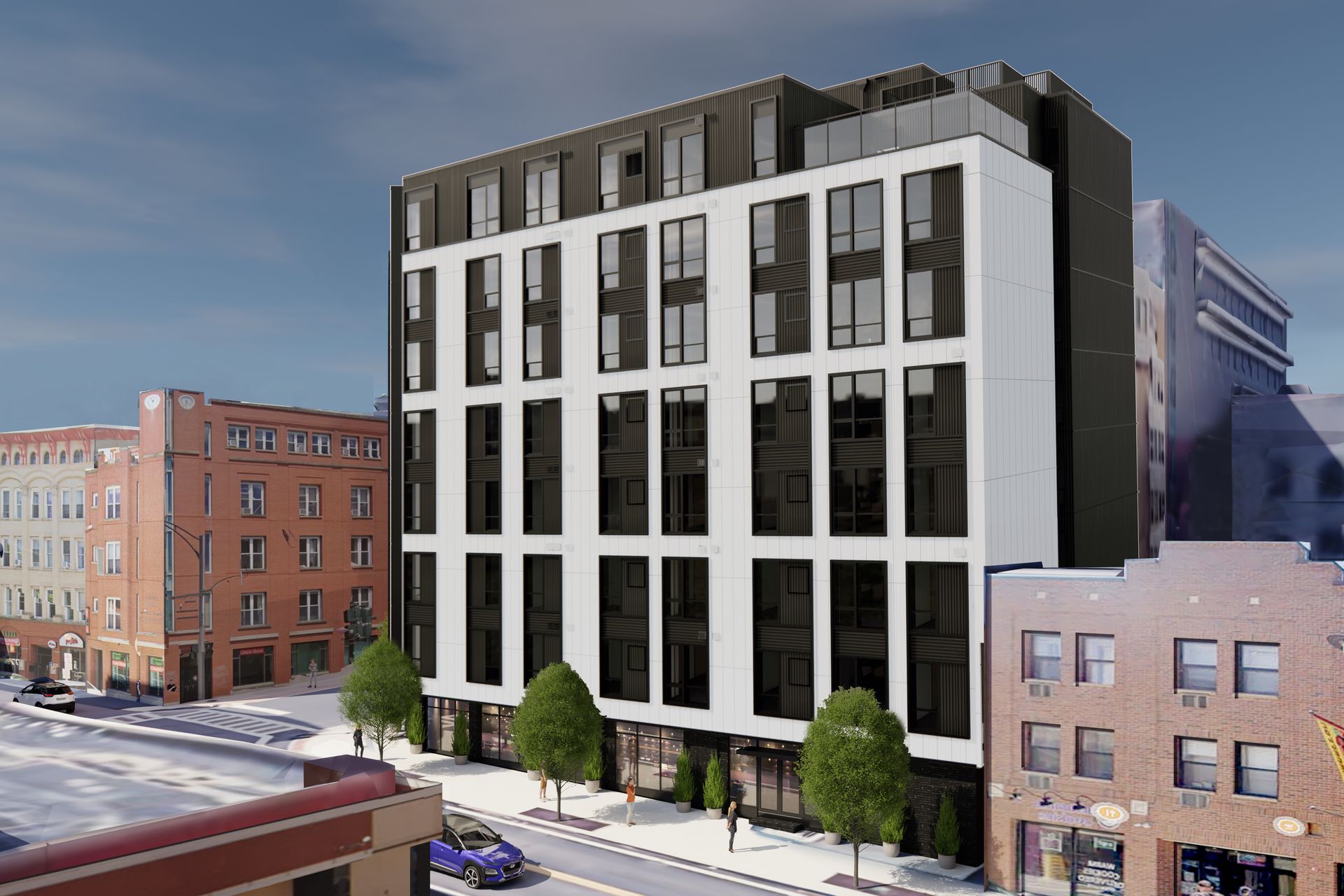 An artist 's impression of a large building in a city.