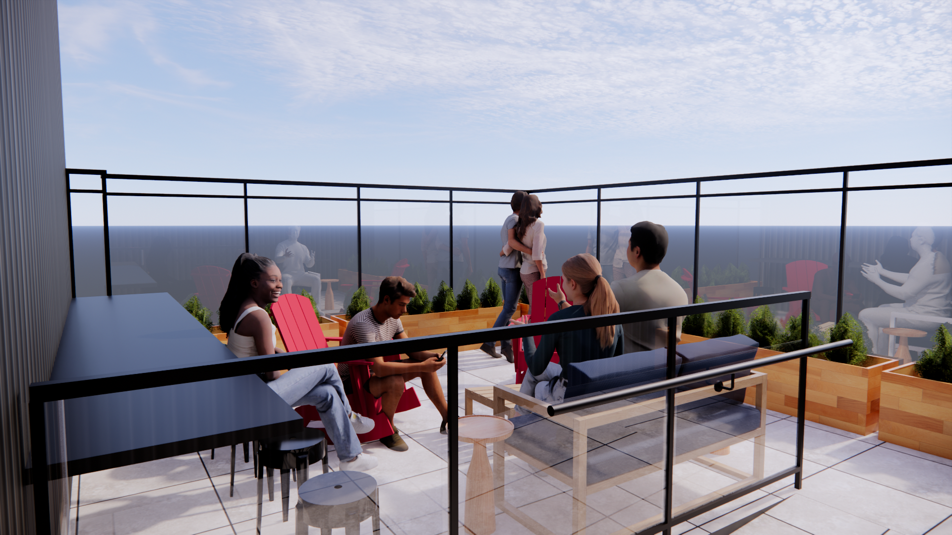 A group of people are sitting on a balcony overlooking the ocean.