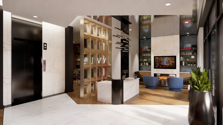 An artist 's impression of a hotel lobby with a red wall and a white counter.