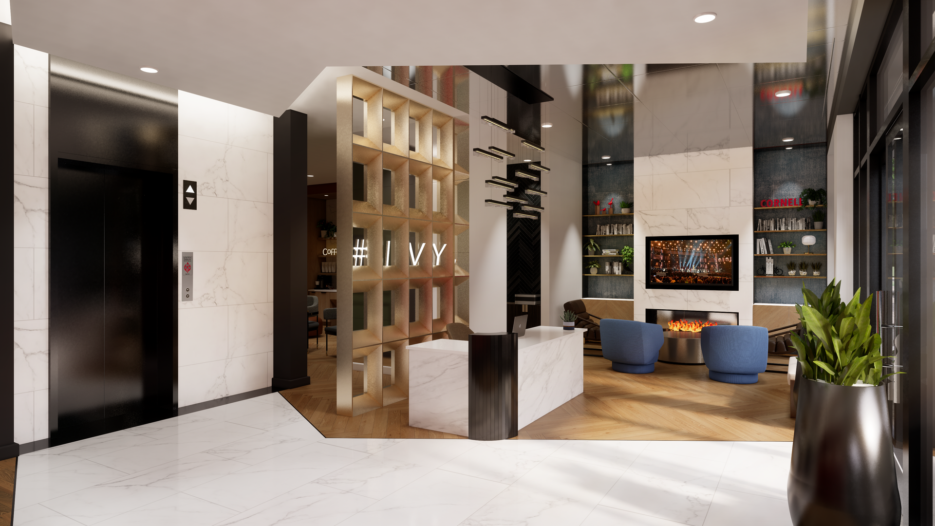 Modern lobby with fireplace and resident lounge seating