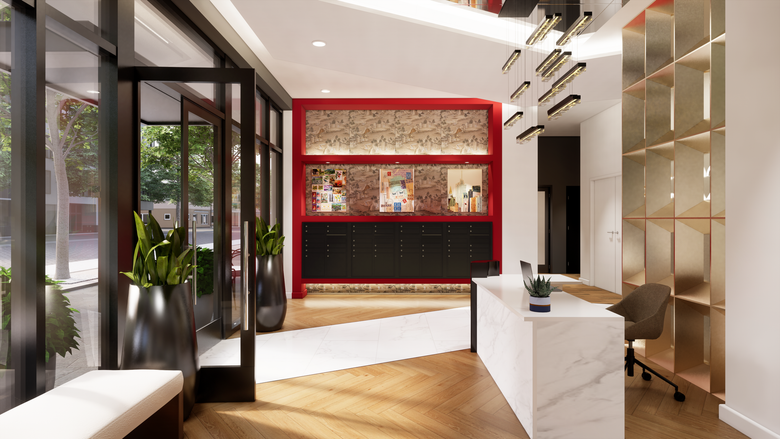 An artist 's impression of a hotel lobby with a red wall and a white counter.
