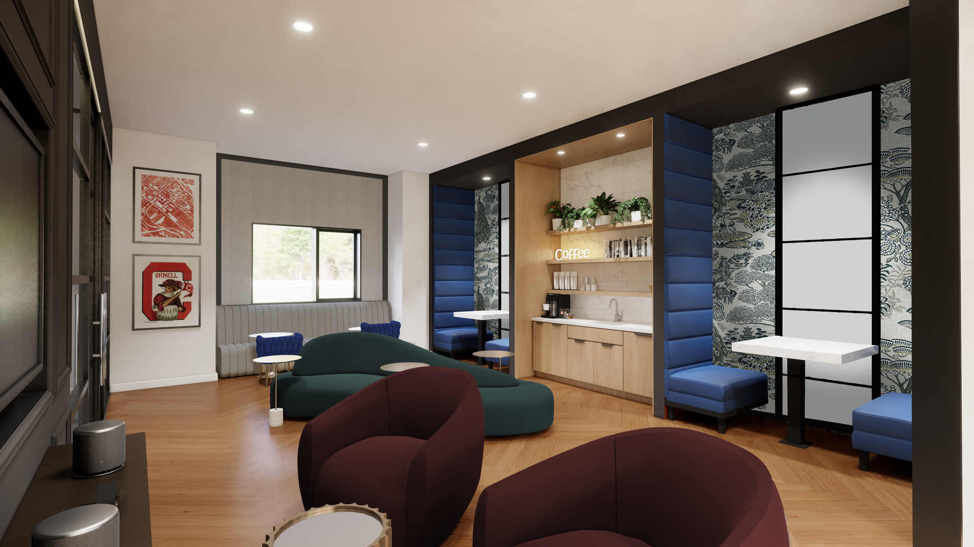 24-hour coffee bar with modern machines and seating area