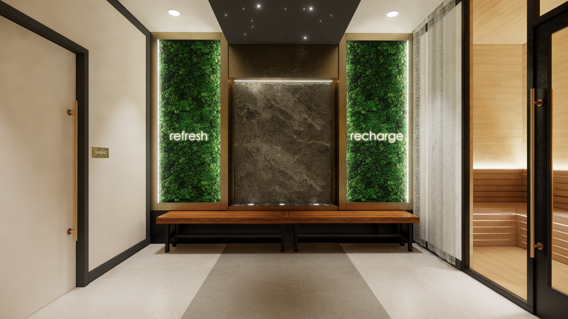 Wellness center with relaxation spaces and access to sauna and tanning booth