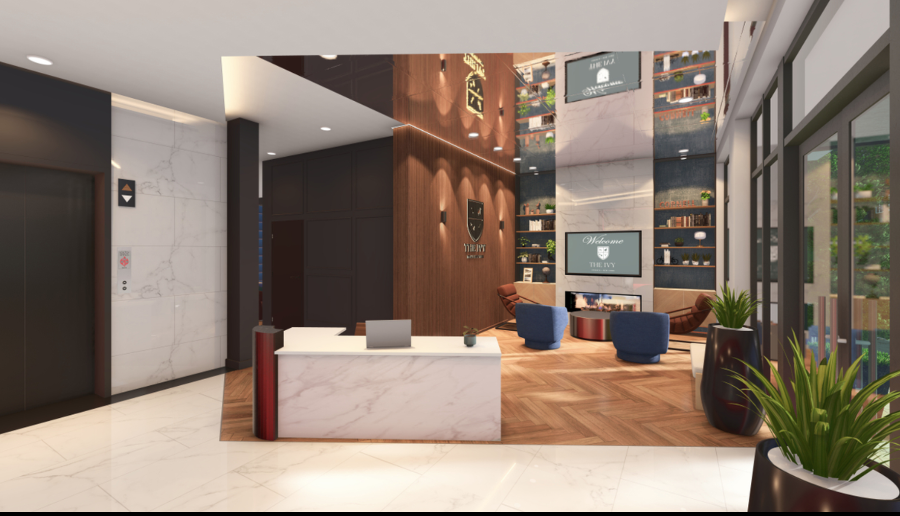 Modern lobby with fireplace and resident lounge seating