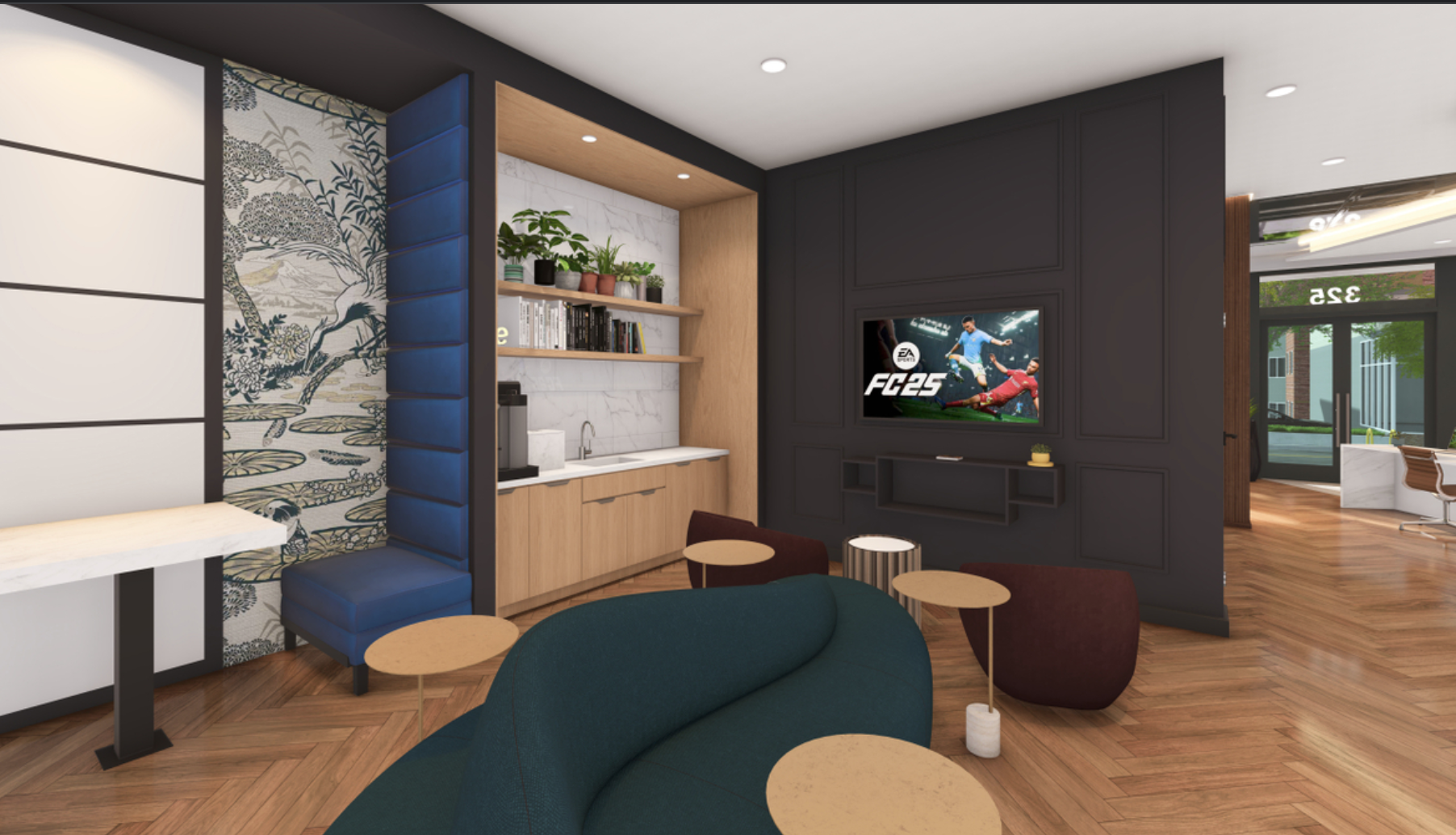 Media lounge space with large screen and gaming area