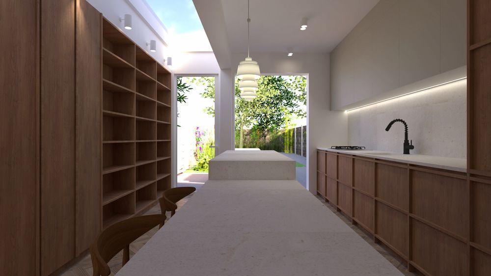 A Kitchen With Wooden Cabinets And A Long Table — Glenn Merrick Constructions In Bowen, QLD