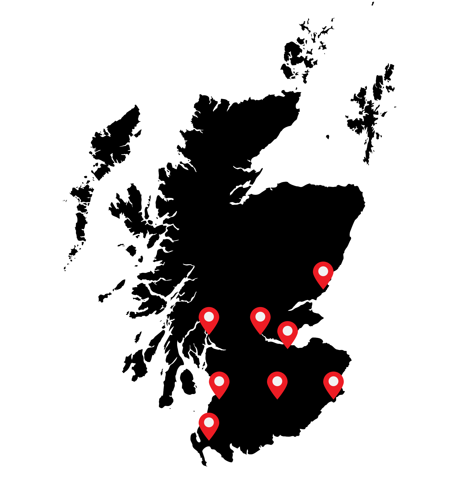 A black and white map of scotland with red pins on it.