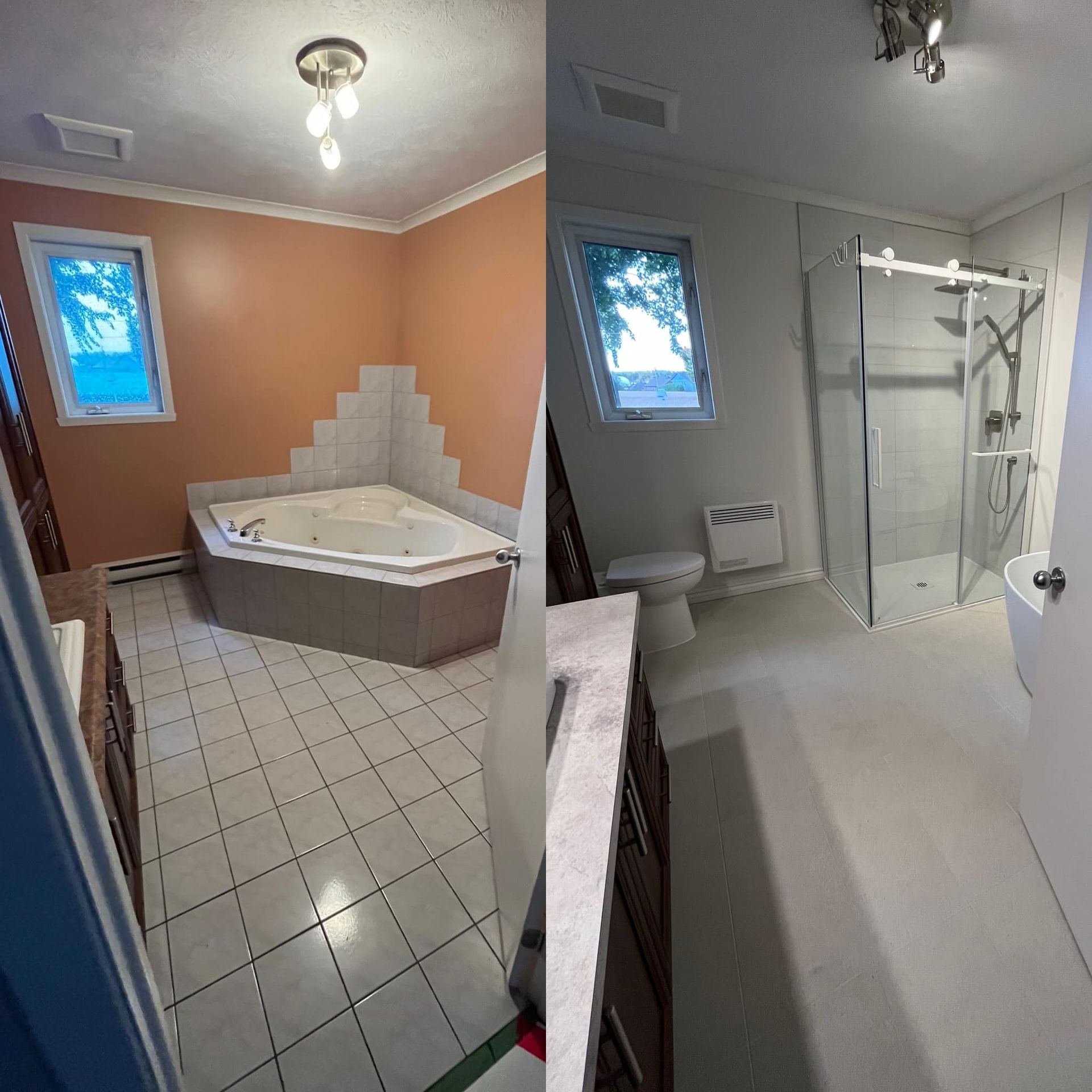 Une photo avant et après d'une salle de bain avec une baignoire et une douche.