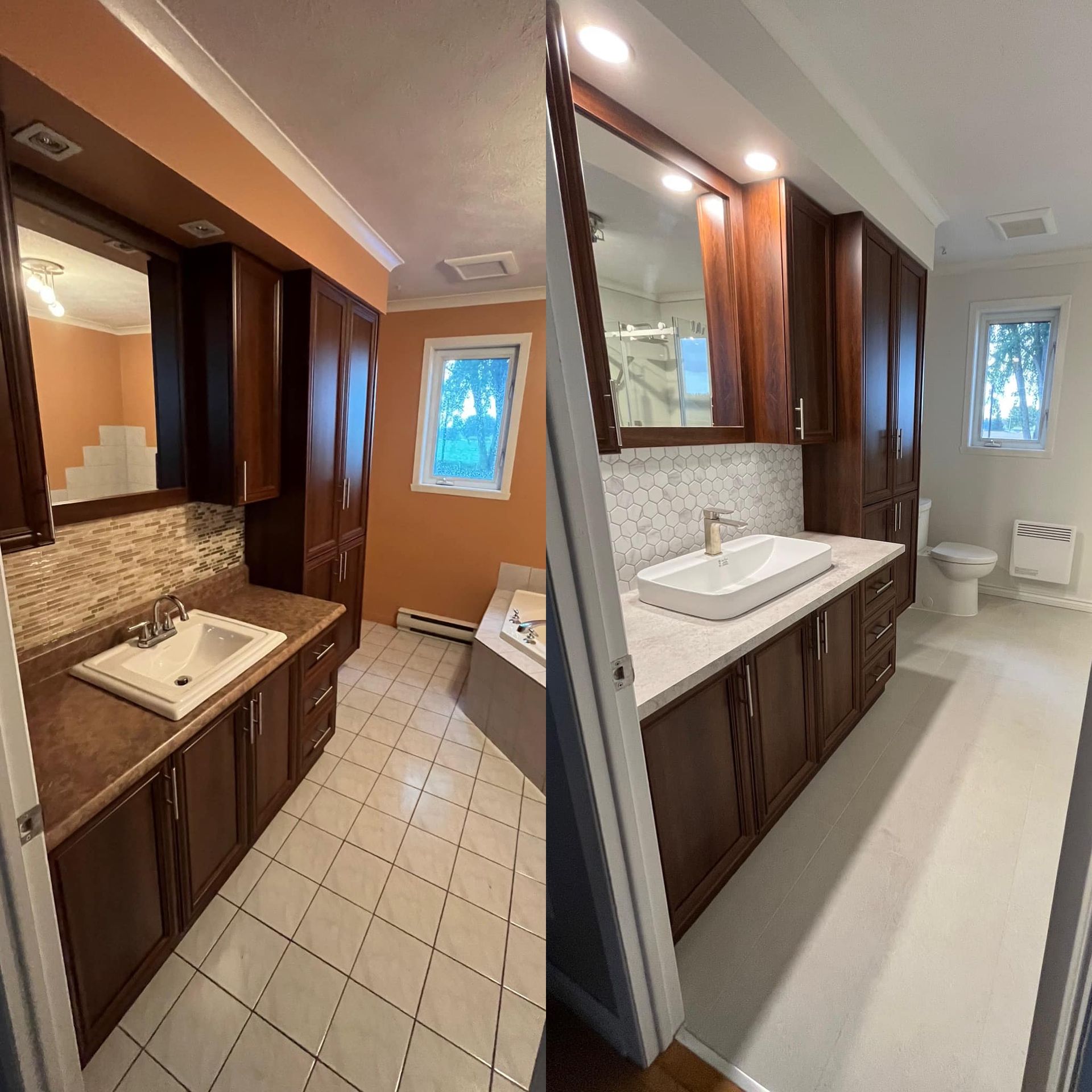 Deux photos d'une salle de bain avant et après rénovation