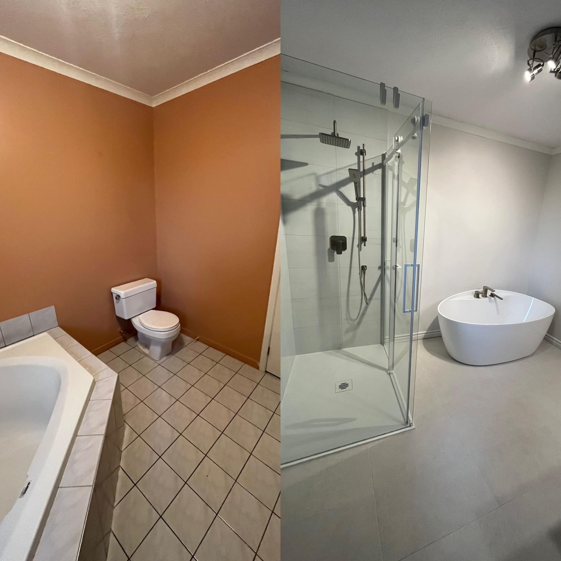 Une salle de bain avec toilettes, baignoire et douche