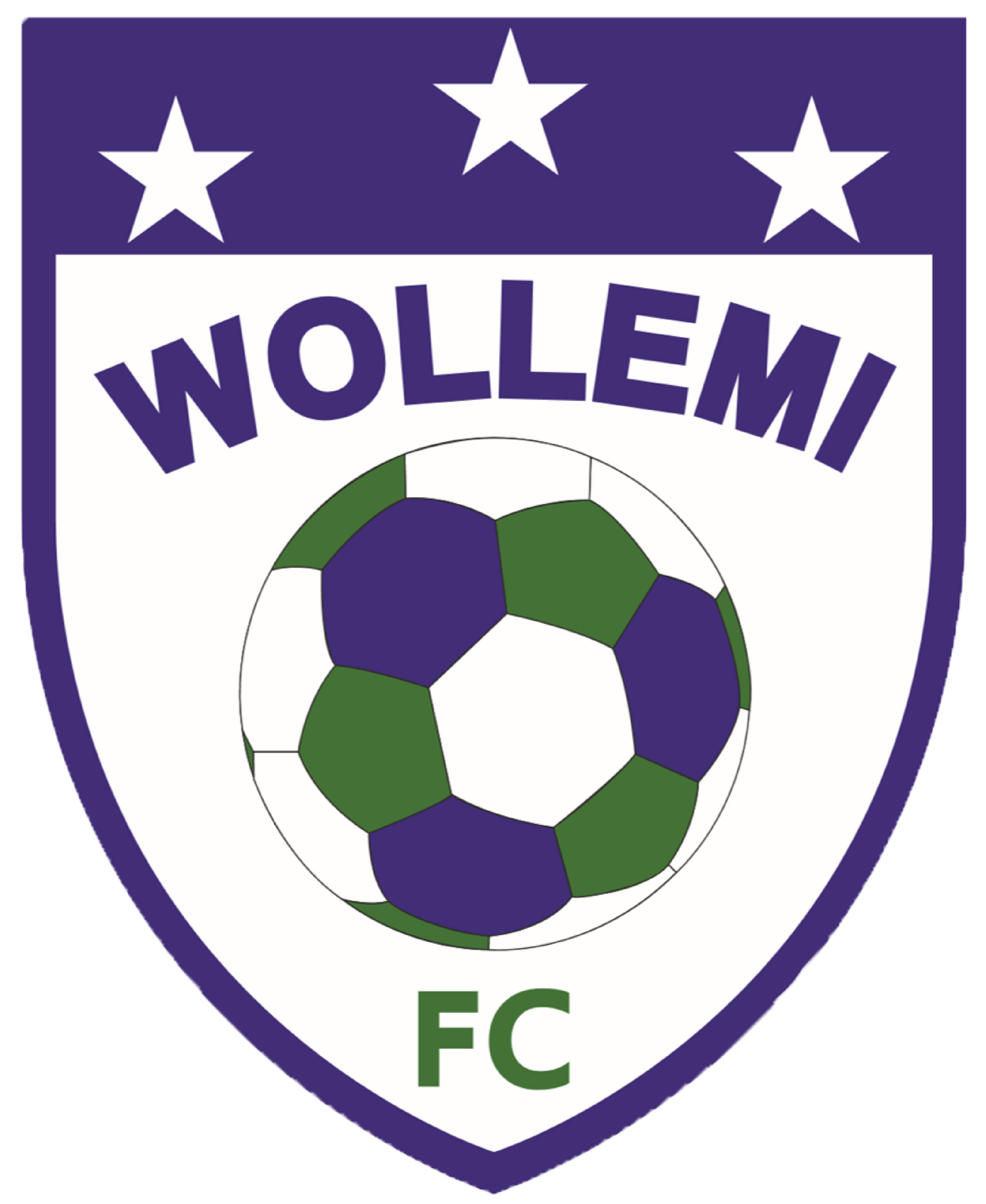 Logo of Wollemi FC: purple shield with soccer ball, white text "WOLLEMI FC", and three white stars.