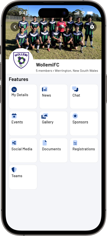 Mobile app interface showing features for Wollongong FC. A team photo is at the top.