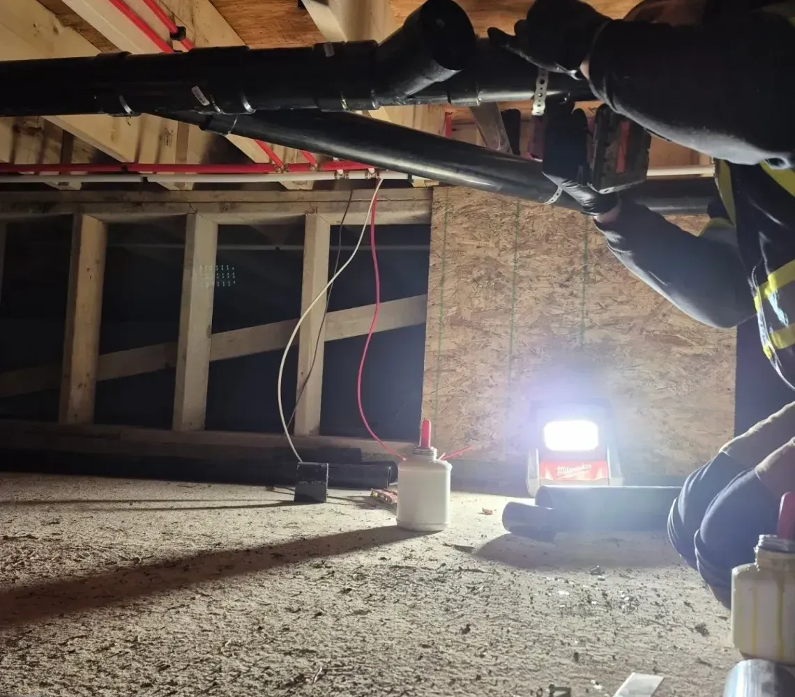 A person installs black plumbing pipes in a basement, illuminated by a work light on the floor near wooden framing.