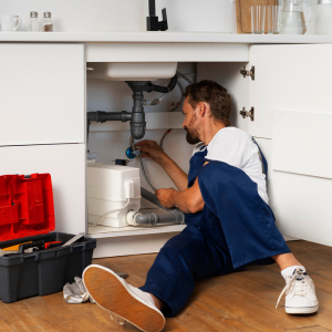 A person wearing blue work overalls repairs plumbing under a kitchen sink next to an open red toolbox.