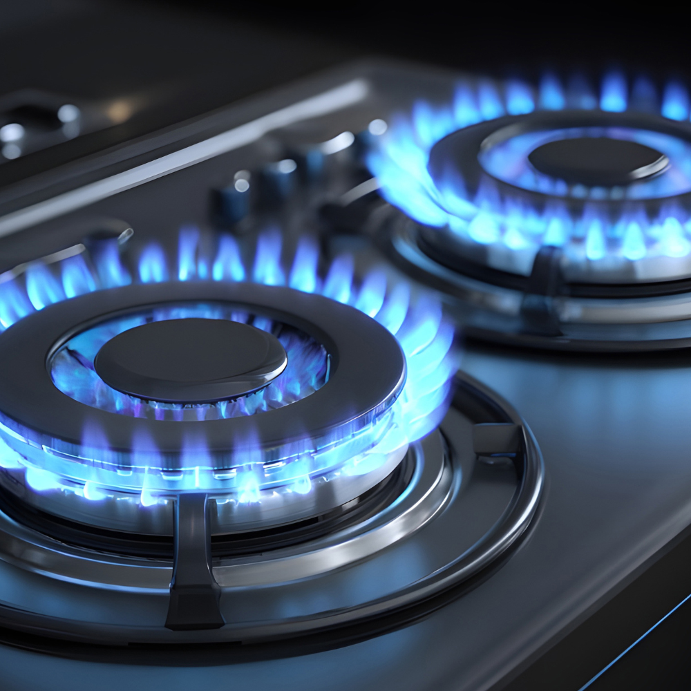 Two gas stove burners burning with bright blue flames on a black cooktop.