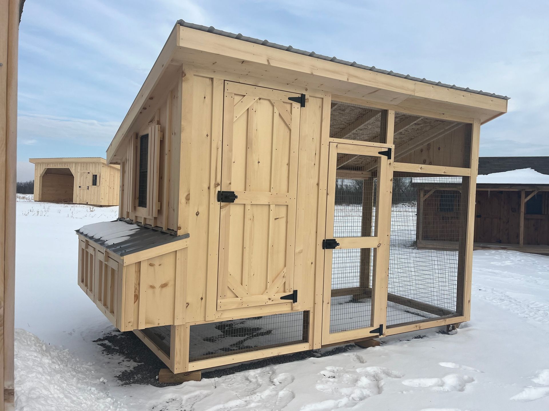 Wooden chicken coop on snow, with nesting box, door, and screened run.