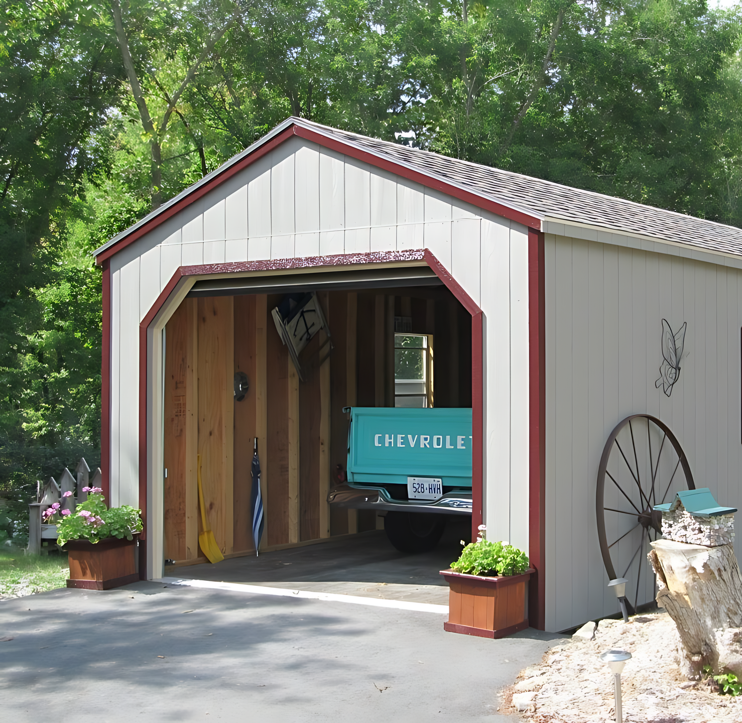 A chevrolet truck is parked in a garage