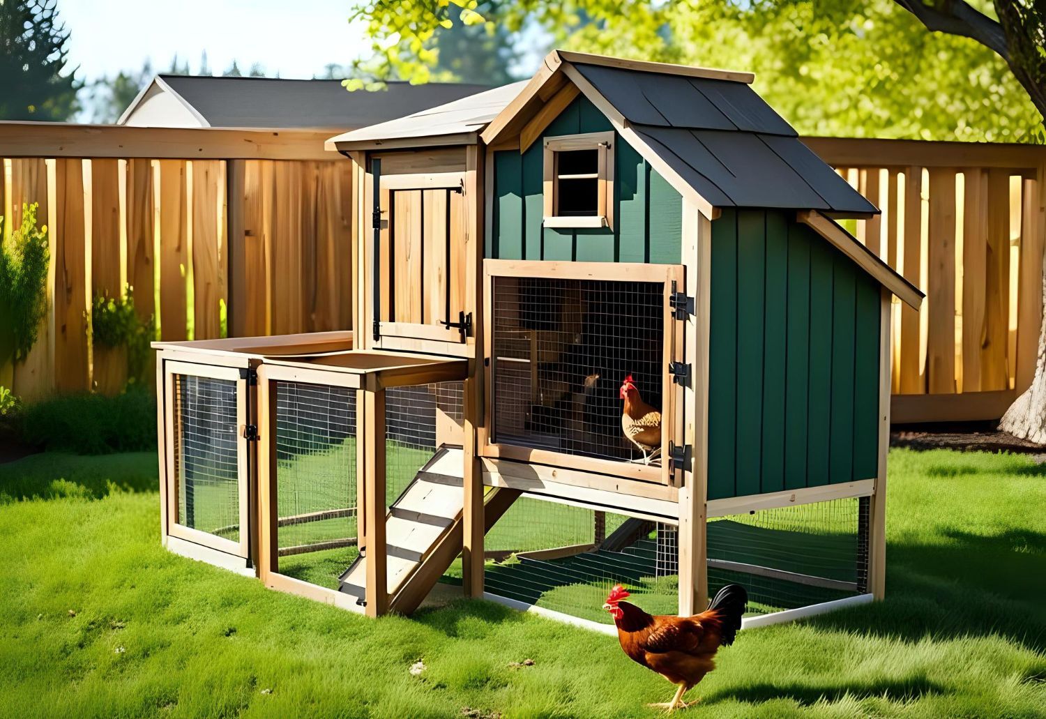 Chicken coop in backyard with green siding, wooden fence, and chickens on grass.