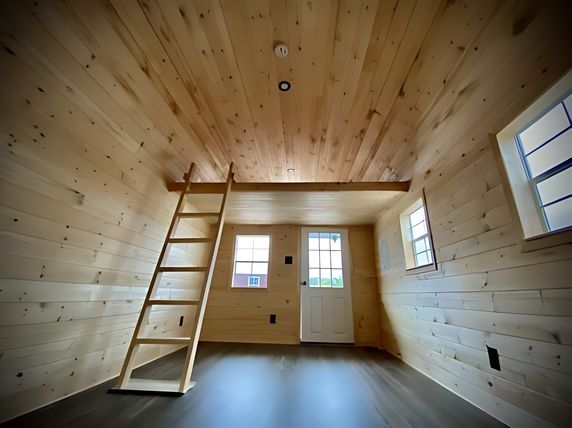An empty room with a wooden staircase leading to a loft.
