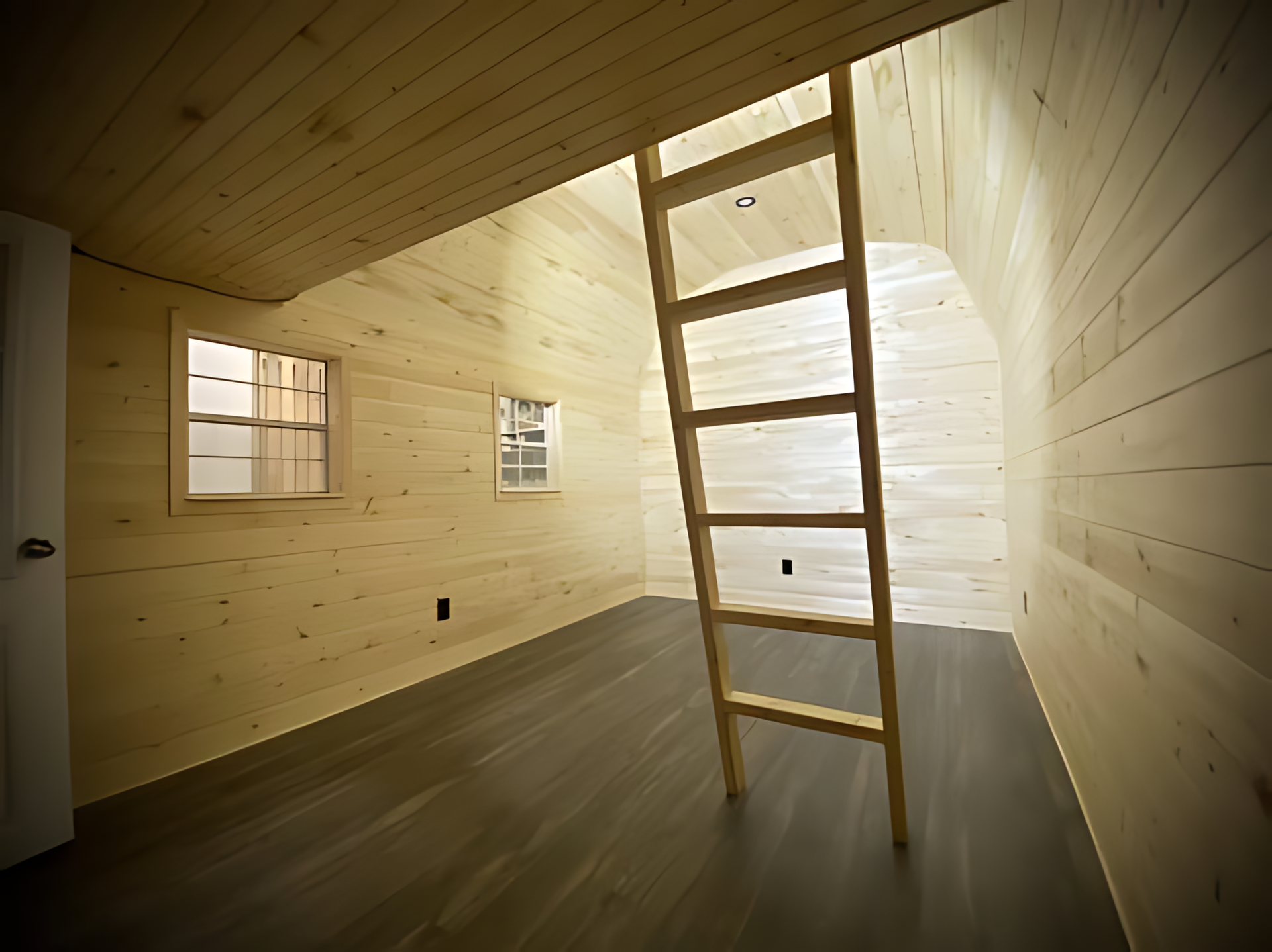 An empty room with a wooden ladder leading up to the second floor