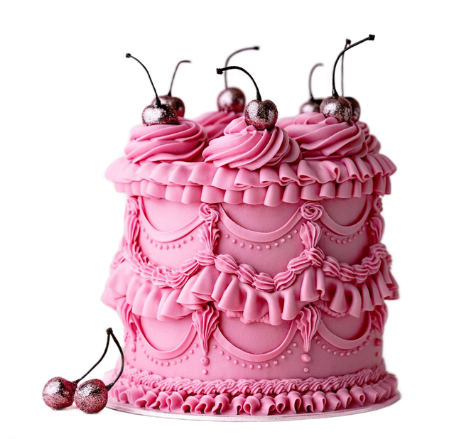 Torta a strati rosa decorata con volant di glassa, riccioli e ciliegie sulla parte superiore.