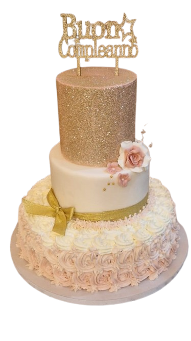 Torta a due piani rosa e bianca su un supporto bianco